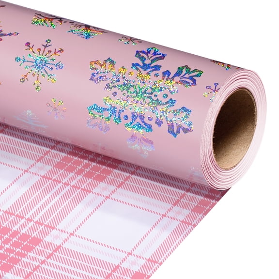 Burymento Pink Christmas Wrapping Paper for Girl Women, Holographic Pastel Snowflake Christmas Gift Wrapping Paper, Reversible Girly Plaid Gift Wrap for Winter Holiday, Party (17 Inch X 32.8 Feet)