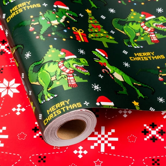 Burymento Pixel Dinosaur Christmas Wrapping Paper, Funny T-Rex Dinos in Santa Hats Green Wrapping Paper for Kids Boys, Reversibe Red Snowflake Gift Wrap for Holiday, Packaging (17 Inch X 32.8 Feet)