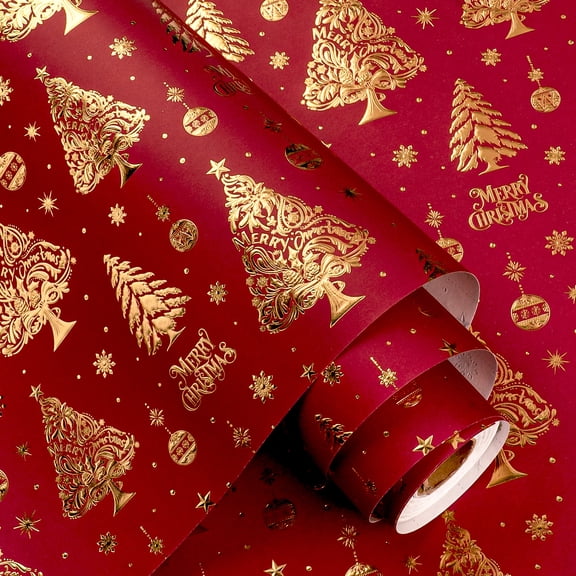 Burymento Red Christmas Wrapping Paper Roll, 3D Embossed Foil Christmas Tree Gift Wrap, Luxury Vintage Kraft Holiday Wrapping Paper for Xmas Presents, Gift Packaging, Crafts (17 Inch X 32.8 Feet)