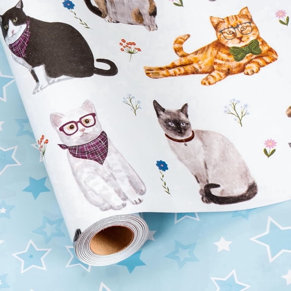 Burymento White Lovely Cat Wrapping Paper, Reversible Blue Star Gift Wrap for Birthday, Valentines, Mothers day, Graduation, Wedding, Fathers day, Baby Shower, Christmas (17in x 16.5ft)