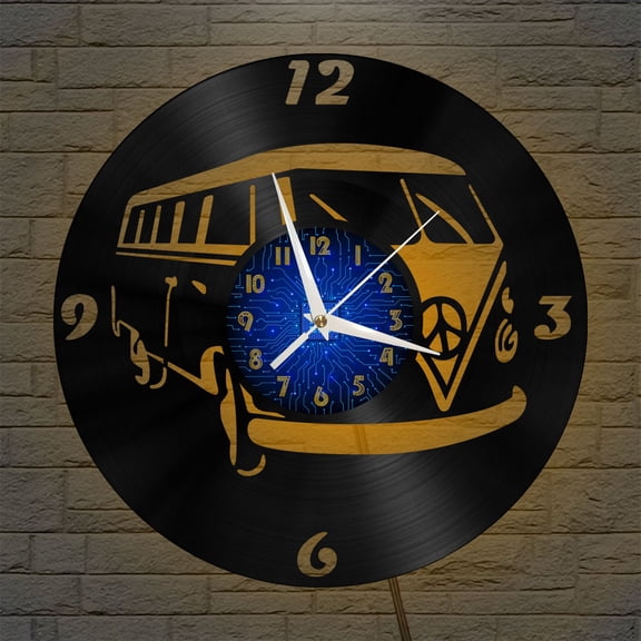 Bus 12 Inch Vinyl Record Wall Clock - Silent, Creative, and Unique Clock for Living Room, Entryway, or Bedroom Decor - Perfect Gift Idea(12 inchs B with LED)