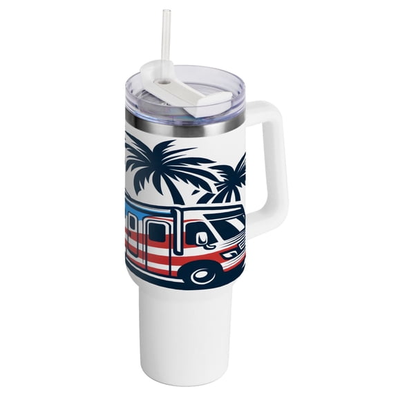 Bus American Flag Trees 40 oz Tumbler with Handle Insulated&nbsp;Travel Mug&nbsp;Lid Straw Leak Proof Steel Vacuum Water Bottles Glasses Fits in Car Cup Holder