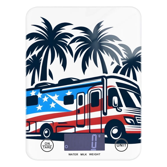 Bus American Flag Trees Food Scale Digital Kitchen Scale Waterproof Tempered Glass Tare Function 11 lb for Baking Cooking Meal Prep