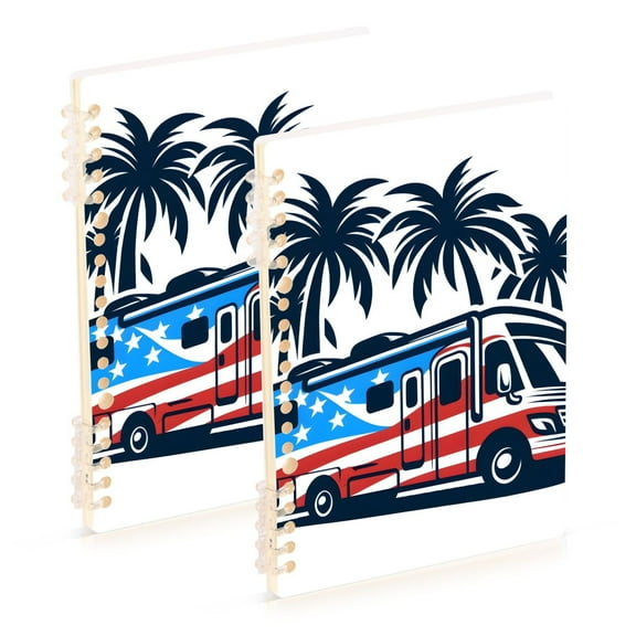 Bus American Flag Trees Ring Binder Notebook Journey Note Diary College Ruled Spiral Notebook Study Loose Leaf Paper A5 60 Pages