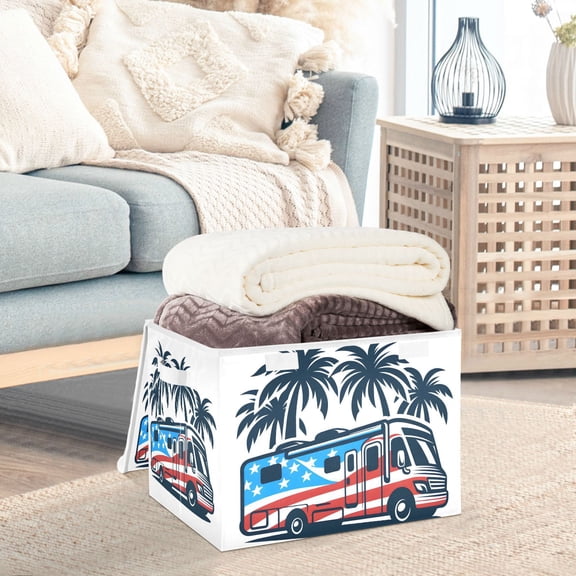 Bus American Flag Trees Storage Basket Foldable Laundry Basket Shelf Kids Toy Storage Container Organizer with Handles