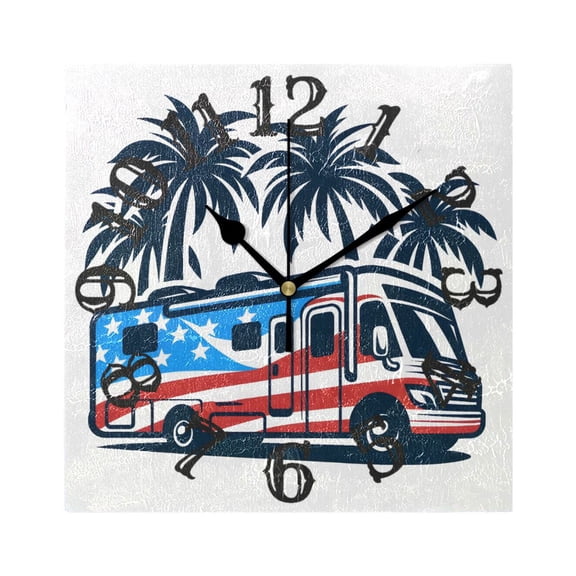 Bus American Flag Trees Wall Clock Square Silent Non Ticking Battery Operated Clock for Home Bathroom Kitchen Bedroom Living Room