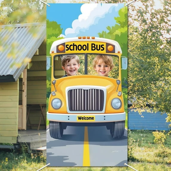 Bus Background Photo Door Banner Bus Theme Large Fabric Photo Door Backdrop Props Decor Funny Welcome Bus Photo Backdrop Party Supplies for Birthday Party Favors Decor 70.8x35.4 Inch Colorful