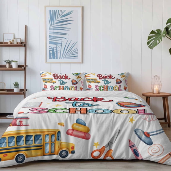 Bus Bag Globe Crayon Desklamp California King Size Bed Set,Back to School Season Bedding for All Seasons,4 Pcs Bed Set with 1 Quiltcover (96"x104"),1 Sheet (110"x98"),2 Pillowcases (20"x36")
