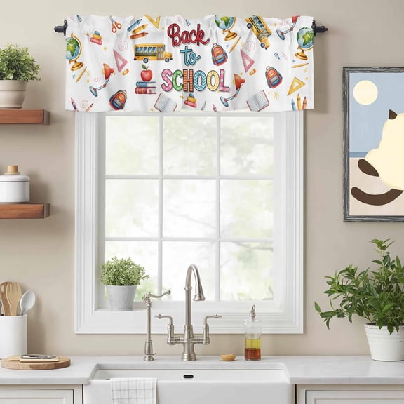Bus Bag Globe Crayon Desklamp Valances for Windows,Kitchen Valance Rod Pocket Short Curtain, Back to School Season Valance Curtain Window Valances for Bedroom Bathroom Living Room 54x18in