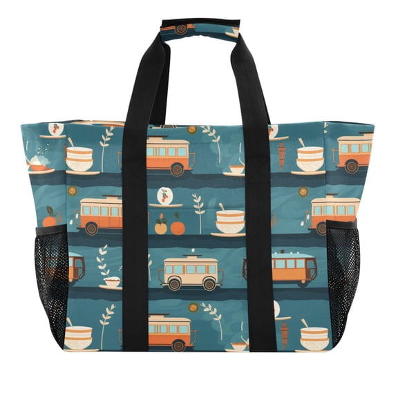 Bus Car Cup Fruit Reusable Grocery Bags with Handle Side Pocket Waterproof Shopping Portable Tote