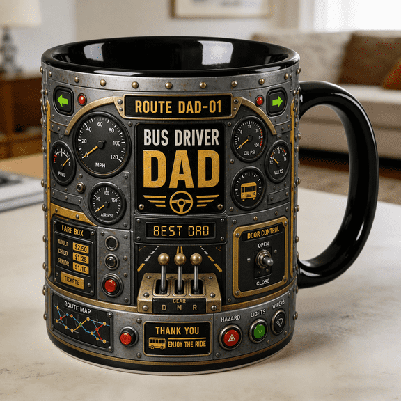 Bus Driver Dad Accent Mug, Father’s Day Gift Coffee Mug with Dashboard Route Sign Design