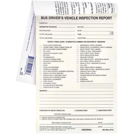 Bus Driver's Vehicle Inspection Report 10-pk. - Book Format, 2-Ply with Carbon, 5.5" x 8.125", 31 Sets of Forms Per Book - Meet FMCSR Requirements