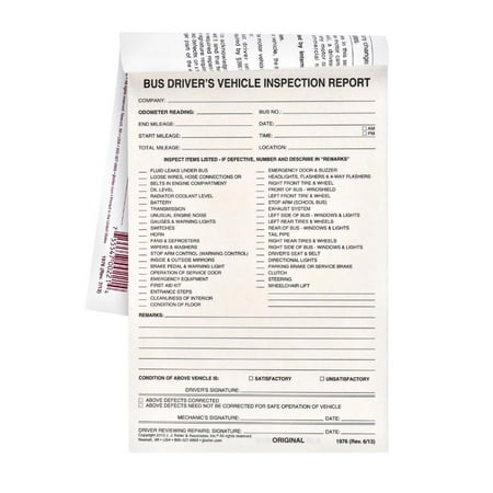 Bus Driver's Vehicle Inspection Report 5-pk. - Book Format, 3-Ply Carbonless, 5.5" x 8.125", 31 Sets of Forms Per Book