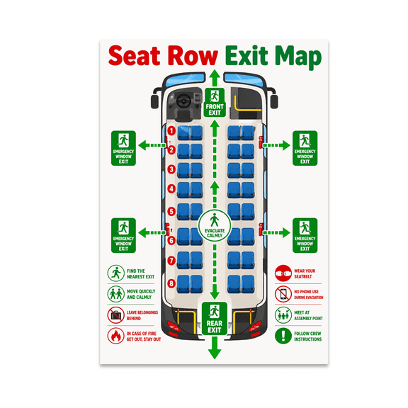 Bus Evacuation Map - Safety Awareness - 13x19 Glossy Poster Print