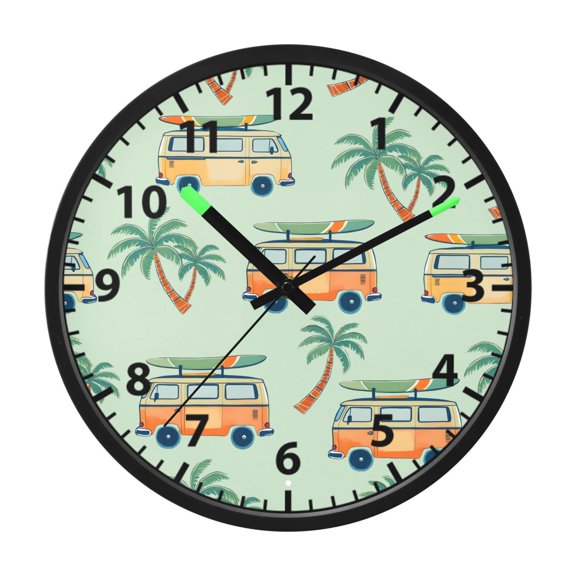 Bus Palm Tree Wall Clock 12 Inch Voice Activated Night Light Silent Non Ticking