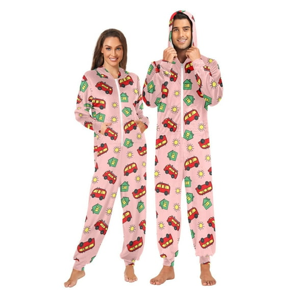 Bus Pattern Design Adult onesie Pajamas, Crystal Velvet Ultra Soft Warm Jumpsuit for Men and Women
