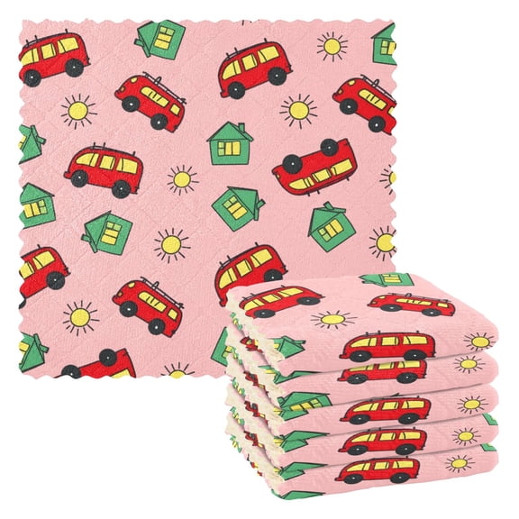 Bus Pattern Design Dish Towels 6 Pack Kitchen Cleaning Dish Cloths Absorbent Reuseable Cleaning Cloths 11'' x 11''
