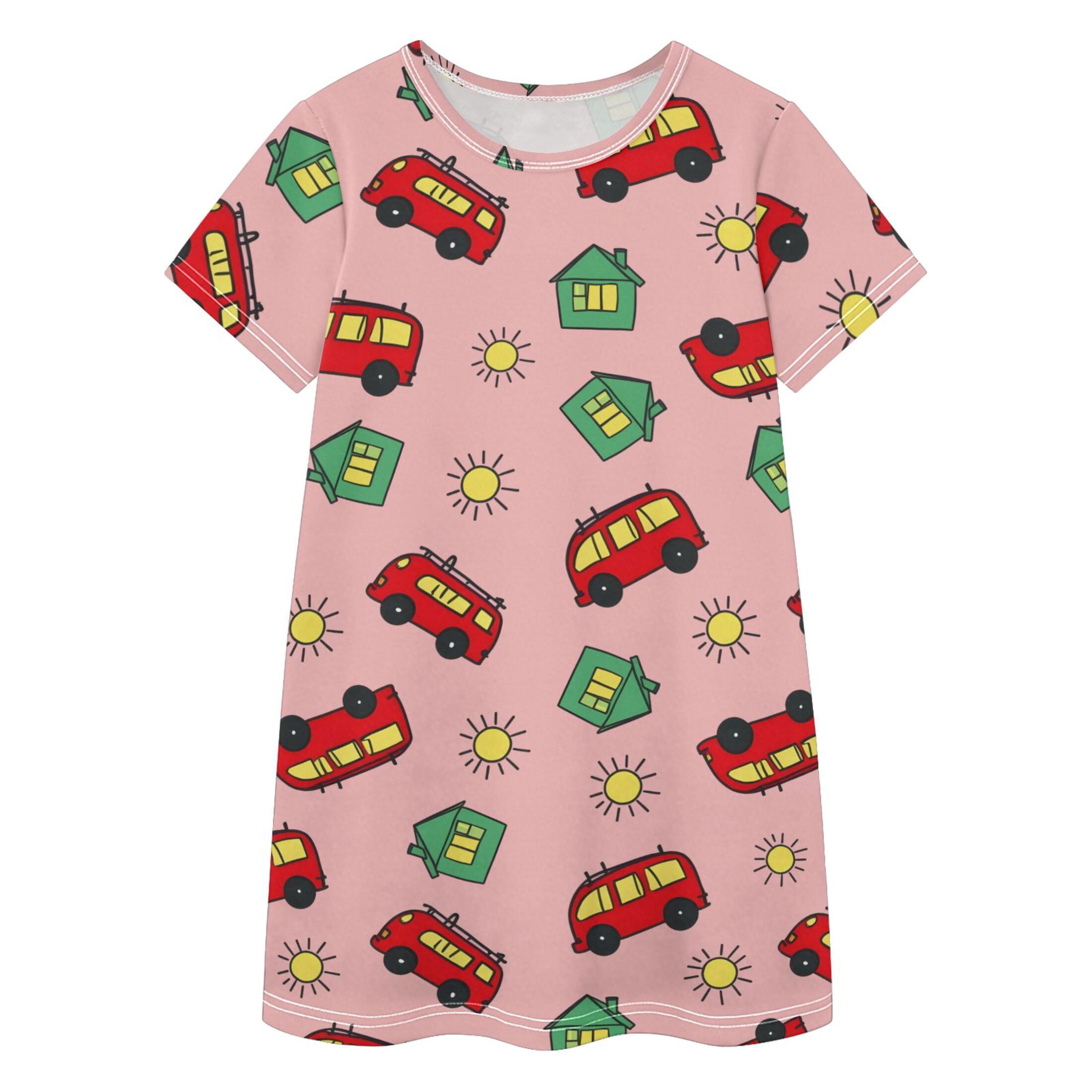 Bus Pattern Design Girls' Casual Dresses Short Sleeve Cotton Dress for ...