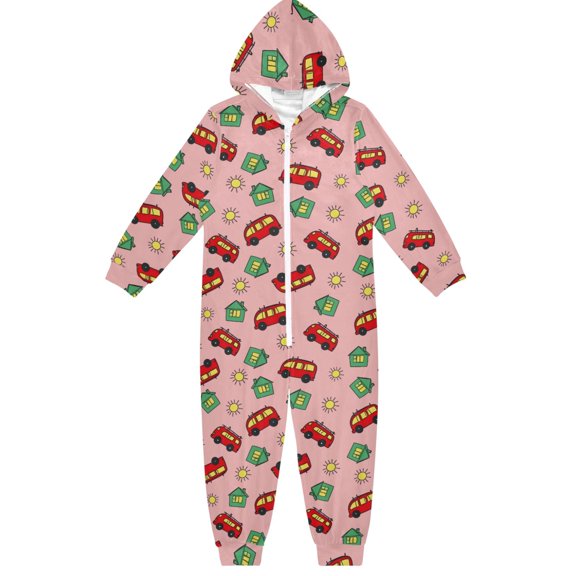 Bus Pattern Design One Piece Pajamas Soft Jumpsuit Cozy Sleep and Play Romper Zipper and Pockets 9-11Y