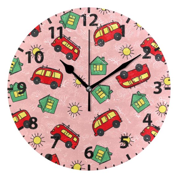 Bus Pattern Design Wall Clock 10in Round Artistic Oil Painting Home Decor Desk Table Clock