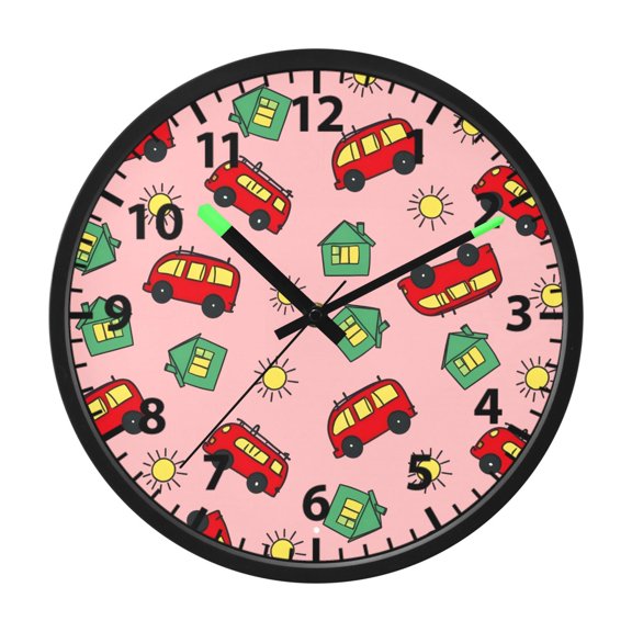 Bus Pattern Design Wall Clock 12 Inch Voice Activated Night Light Silent Non Ticking