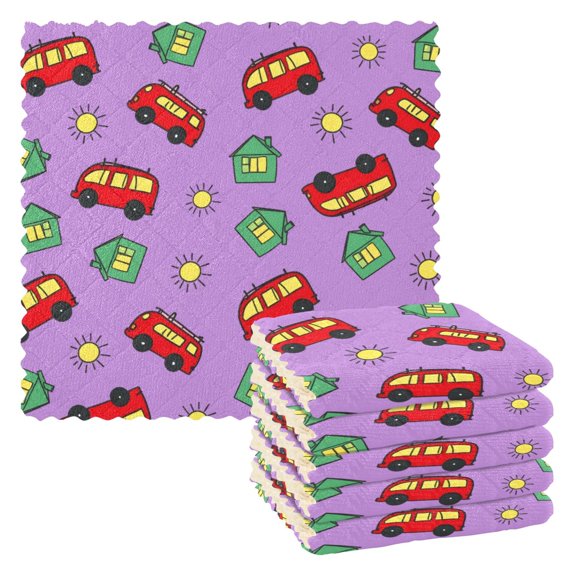 Bus Pattern Dish Towels 6 Pack Kitchen Cleaning Dish Cloths Absorbent Reuseable Cleaning Cloths 11'' x 11''