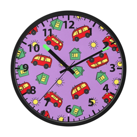 Bus Pattern Wall Clock 12 Inch Voice Activated Night Light Silent Non Ticking