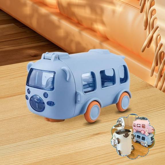 Bus Shaped Water Bottle, 16.9 oz/500ml Water Cup In Bus Shape with Straw and Strap, Break Resistant Detachable Best Gifts for Children School Sports Travel Blue