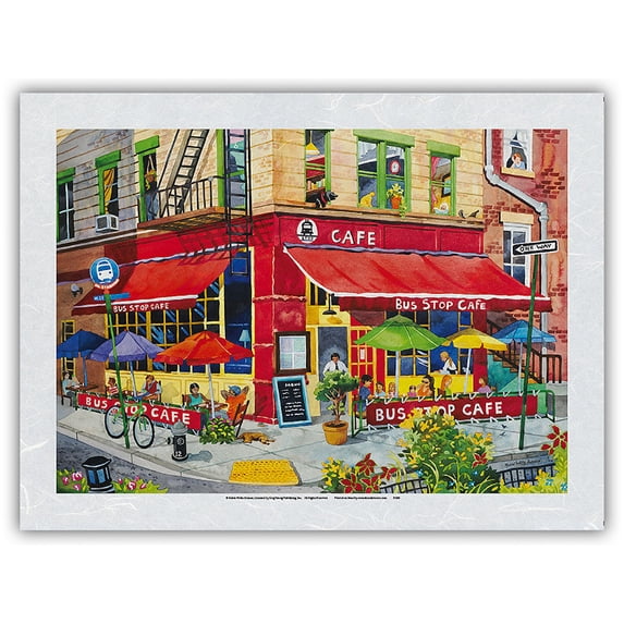 Bus Stop Cafe - New York City - From an Original Watercolor Painting by Robin Wethe Altman - Japanese Unryu Rice Paper Art Print (Unframed) 12 x 16 in