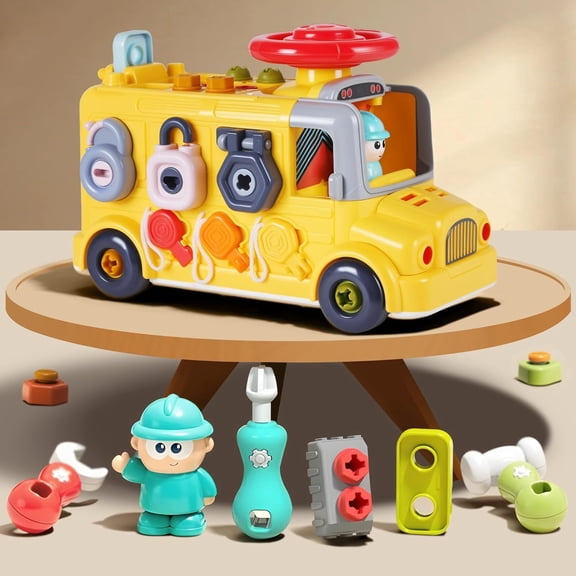 Bus Toy,Montessori Toy for STEM Learning Fine Motor,Kids Take Apart School Bus with Tools Kit,Steering Wheel & Gears,Openable Engine & Cabin,Learning & Practice Tool Cart,Birthday Gifts 3+ Year Old