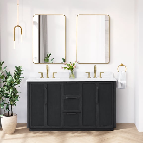 Busan 60M"  Double Bath Vanity in Oak Classic Black with  White Quartz Stone Top