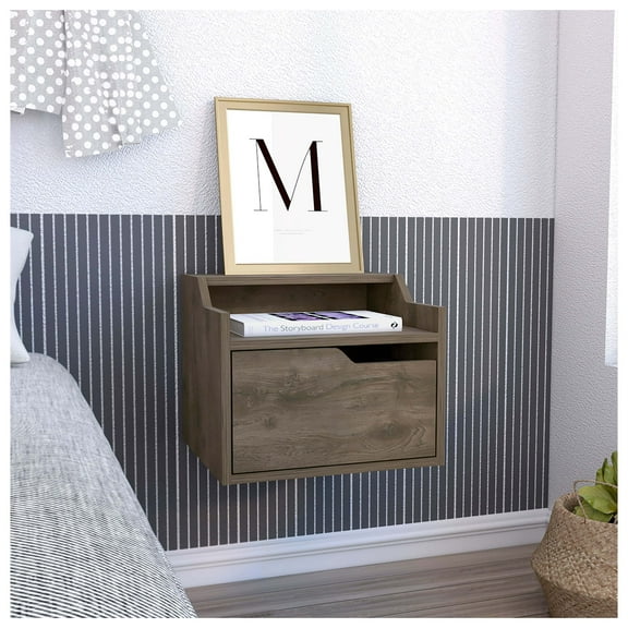 Busan Modern Floating Nightstand , End Table, Side Table Single-Drawer Design with Sleek Two-Tiered Top Shelf Surfaces- Dark Brown - Bedroom