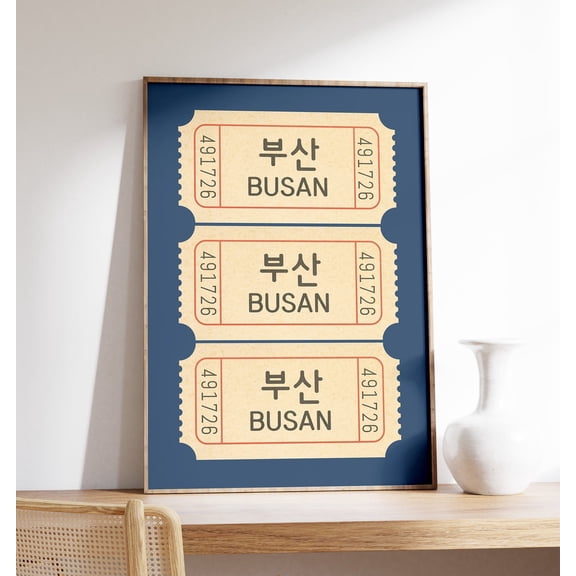 Busan Ticket Blue Background Korean Wanderlust Travel South Korea Decor Retro Art Unframed Paper Print