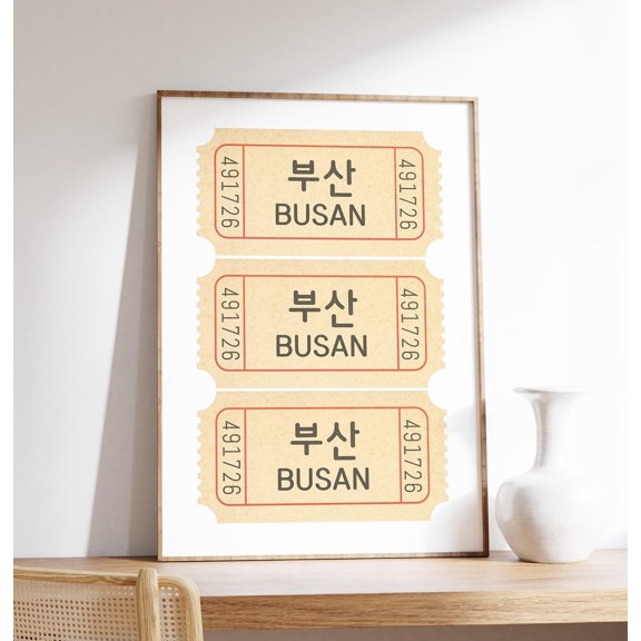 Busan Ticket White Background Korean Wanderlust Travel South Korea Decor Retro Art, Stretched Canvas 12x16in