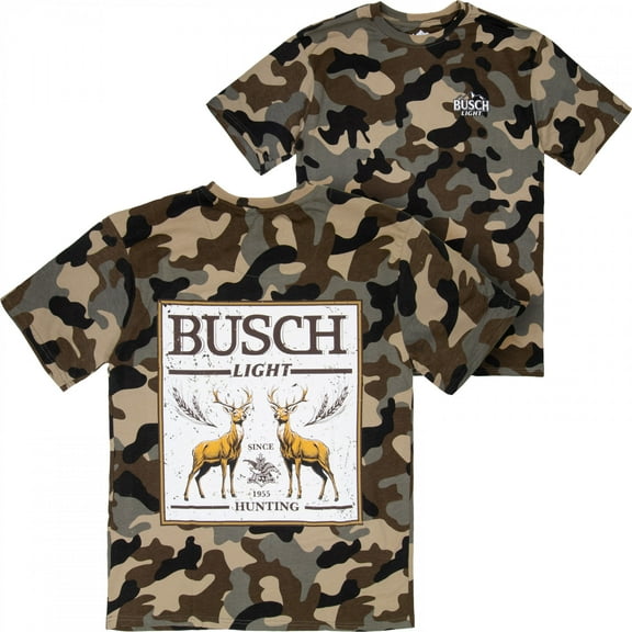 Busch Beer Hunting Since 1955 Front and Back Woodland Camo T-Shirt-Medium