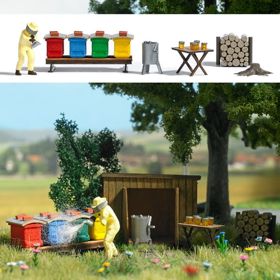 Busch HO Scale Beekeeping (Apiary) Kit (4 Hives, Table, Platform, Beekeeper)