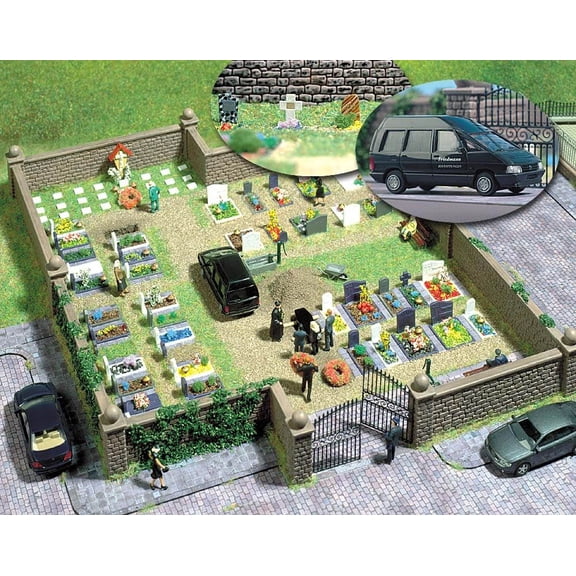 Busch HO Scale Cemetery Kit (Stone Walls/Graves/Hearse/Coffin/Benches)