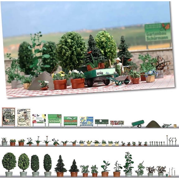 Busch HO Scale Garden Detail Set - Kit (Carts/Flower Pots/Trees/Wheelbarrow)