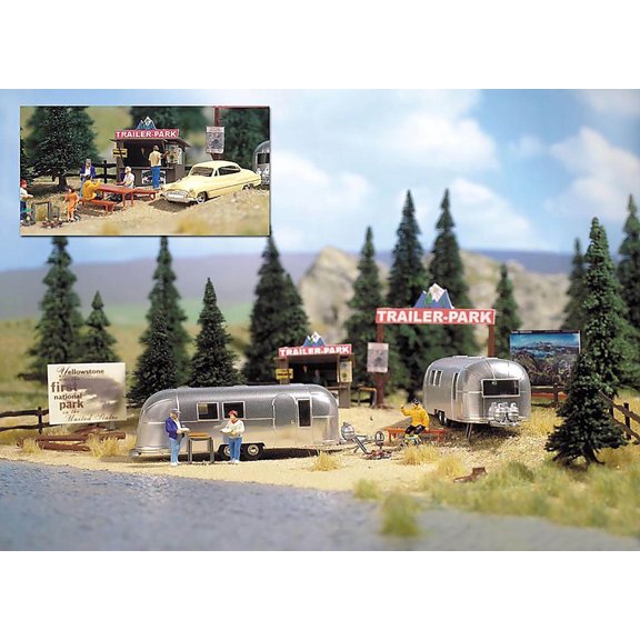 Busch HO Scale Trailer Park Campground Scene with 2 "Airstream" Trailers