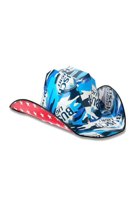 Busch Light Beer Camo Cardboard Cowboy Hat in Blue, Adult Unisex Party Accessory