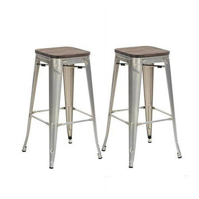 Buschman Set of Two Galvanized Wooden Seat 30 Inches Counter High Tolix Style Metal Bar Stools Indoor Outdoor Stackable Walmart