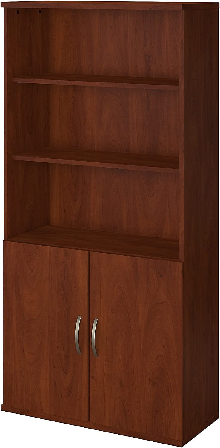 Mocha Cherry 36W Adjustable 5-Shelf Bookcase with Doors