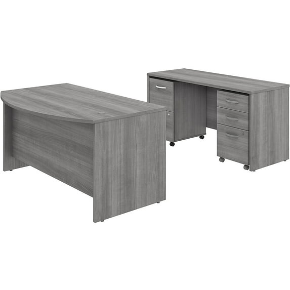 Bush Business Furniture C 59 Bow Front Desk and Credenza w/Mobile File Cabinets Platinum Gray