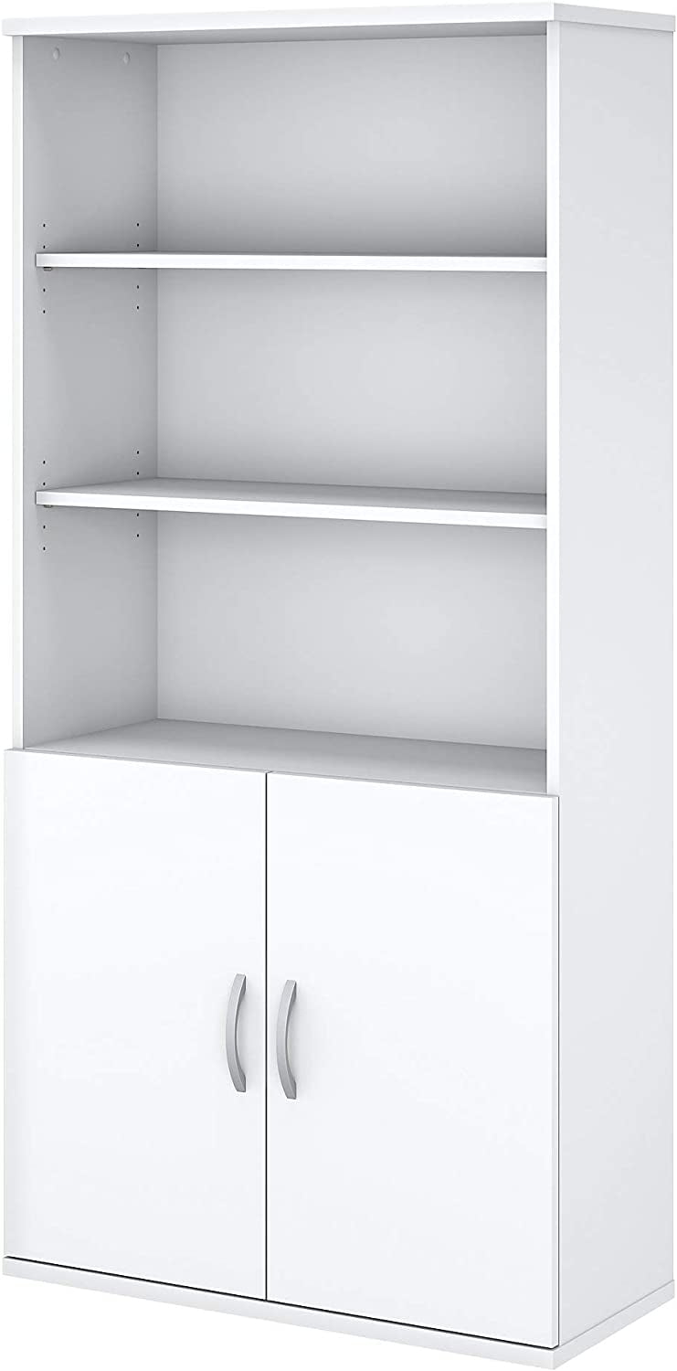 Pure White Contemporary 5-Shelf Bookcase with Adjustable Shelves and Doors