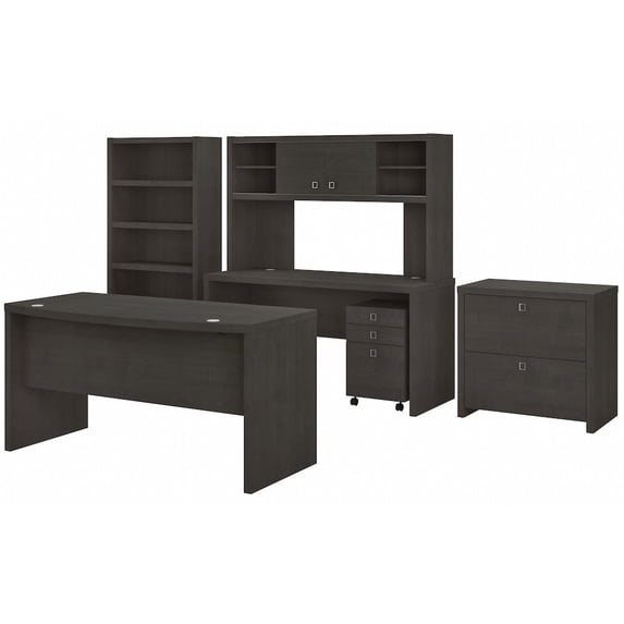 Echo Bow Front Desk Set with Hutch & Storage in Charcoal Maple - Engineered Wood