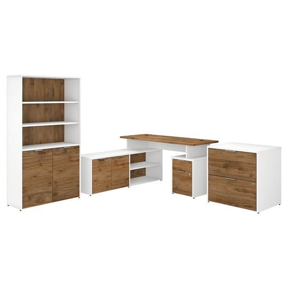 BBF Jamestown - Table with 5-shelf bookcase, 2-drawer lateral file cabinet - L-shaped - fresh walnut - white base