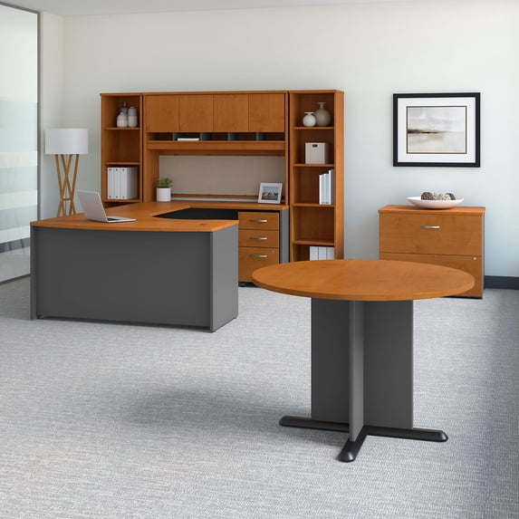 bush business furniture series c 60w right handed bow front u shaped desk with storage and conference table in natural cherry