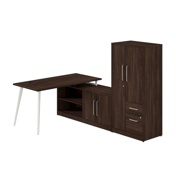 BBF Vista 60W L Shaped Desk with Metal Legs, Low Storage Cabinet, and Wardrobe