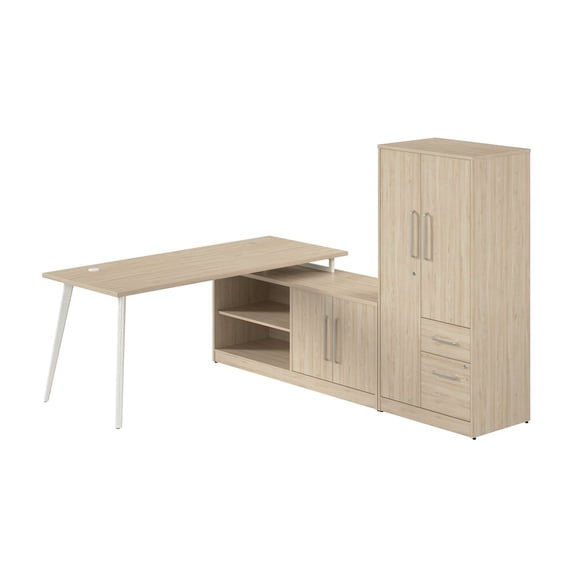 BBF Vista 72W L Shaped Desk with Metal Legs, Low Storage Cabinet, and Wardrobe