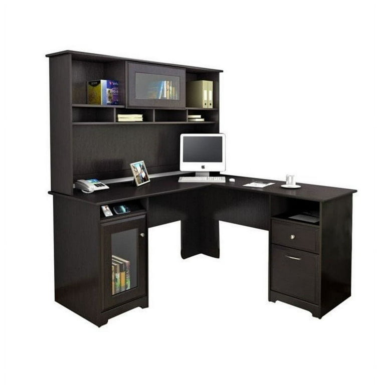 Bush Cabot L Shaped Computer Desk with Hutch in Espresso Oak